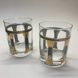 Culver MCM Rocks Glasses Vintage 22K Gold Green Greek Corinthian Columns Set 2